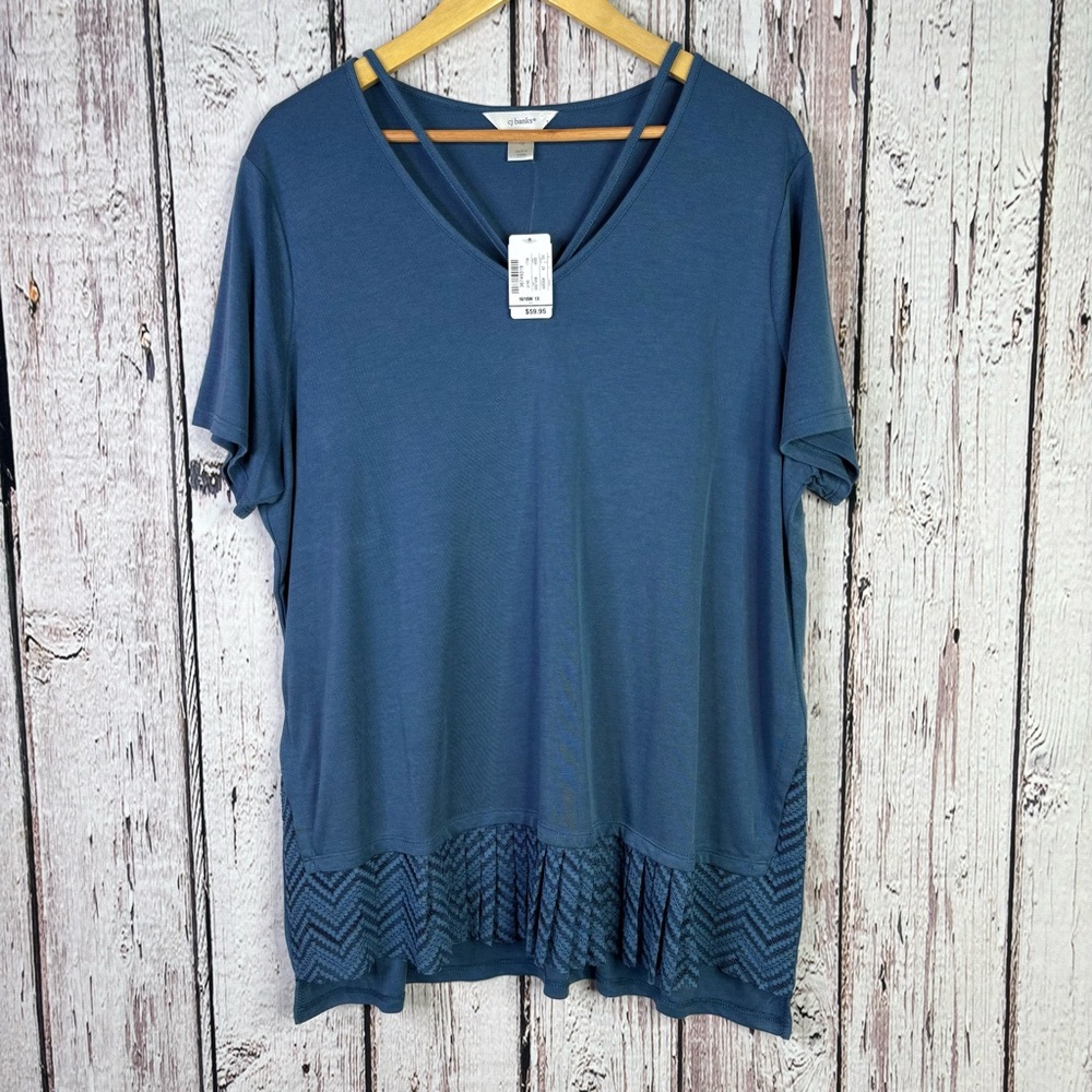 NWT CJ Banks Plus Size 1X‎ 16/18W Strappy V-Neck Blue Short Sleeve Lace Trim Top